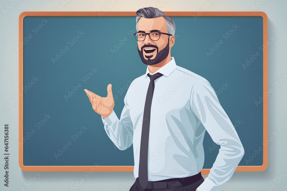 Illustration eines männlichen Managers der eine Rede hält und steht vor einer leeren blauen Tafel steht. Illustration eines männlichen Managers der eine Rede hält und steht vor einer leeren blauen Tafel steht.