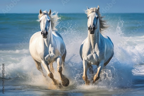 Two White Horses Are Running Through The Water Two White Horses  Running Through Water  Animal Power  Wild Beauty  Equine Strength  Wet Freedom  Majestic Movements  Invigorating Moment