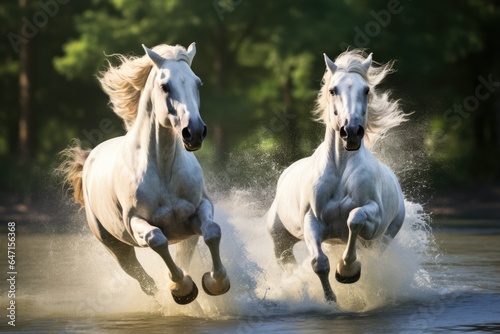 Two White Horses Are Running Through The Water Two White Horses  Running Through Water  Animal Power  Wild Beauty  Equine Strength  Wet Freedom  Majestic Movements  Invigorating Moment