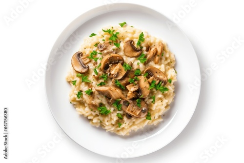 Vegan Mushroom Risotto On White Round Plate On White Background Generative Ai