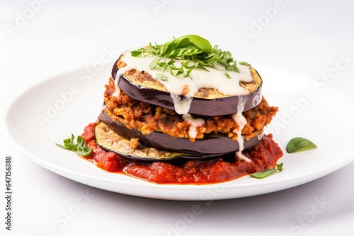 Vegan Eggplant Parmesan On White Round Plate On White Background Generative Ai