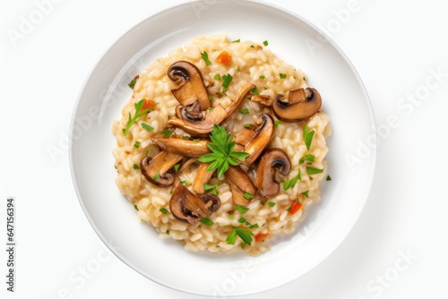 Vegan Mushroom Risotto On White Round Plate On White Background