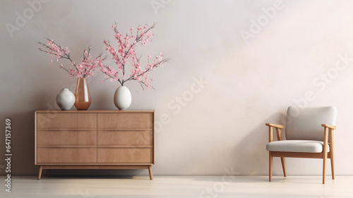 Interior of minimal living room with wooden chair, chest of drawers and vase with flowers near the wall, extremely modern and minimalistic style, Sweet home, relax, window light, Generative AI.