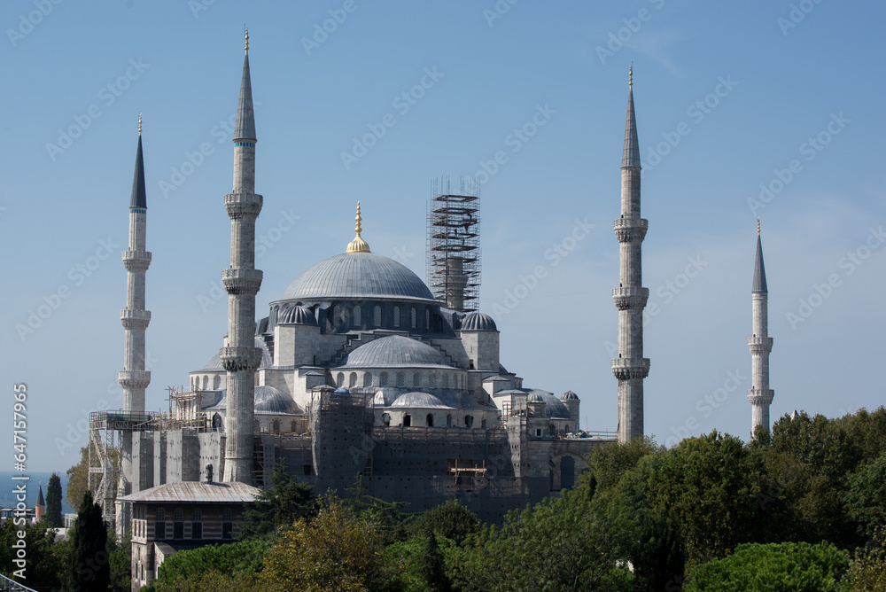 View on the dome and minaret of Sultan Ahmet Mosque also Known as Blue Mosque in Istanbul.