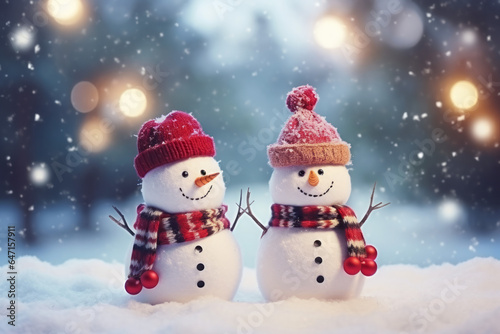Snowman couple in winter - christmas outdoor decoration with snow © Fabio