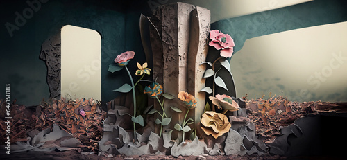 illustrazione con primo piano di piantine in fiore su sfondo di antiche strutture abbandonate e mura in rovina, luce crepuscolare photo