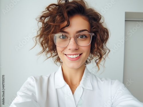 Selfie of a Brilliant Young Professional: Captivating Image of a Female Scientist, Pharmacist, or Doctor with Curly Short Hair and Glasses on a Clean Isolated Background