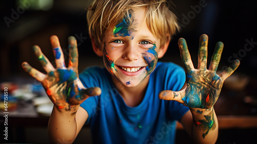 Smiling Boy with Paint. Portrait of a Young Painter