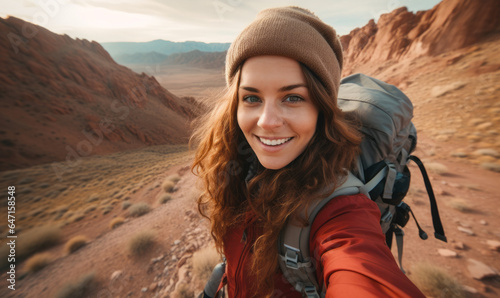 Canyon Explorer: Young, Beautiful Female Traveler with Backpack and Stylish Hat Embarks on a Scenic Adventure and Captures the Moment with a Selfie