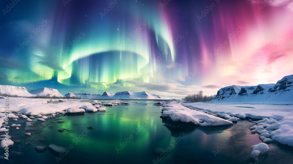 Ribbons of Northern Lights in the Snowy North