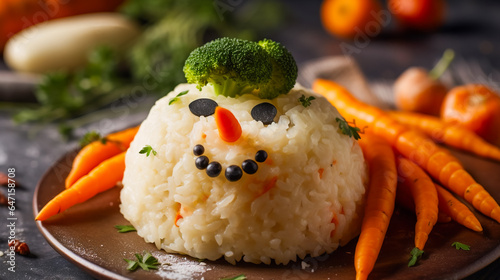 Rice snowman with vegetable buttons and a carrot nose. AI Generated