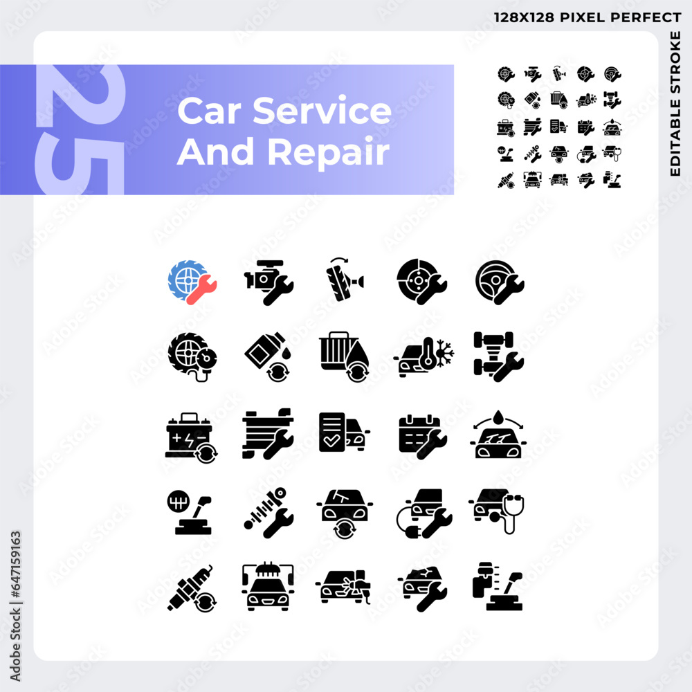2D pixel perfect glyph style icons pack representing car repair and service, simple silhouette illustration.