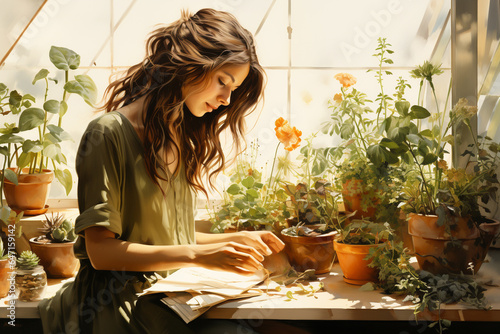 Young woman takes care of plants in a greenhouse, work on a farm, agricultural plantation, gardening