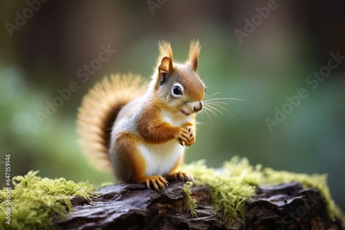 A cute little american red squirrel (Tamiasciurus hudsonicus) sitting on a tree stump, eating seeds photo