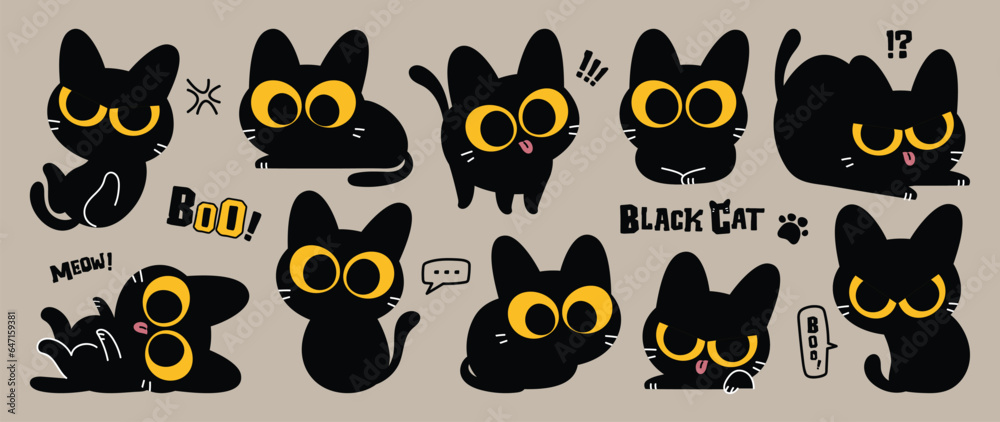 Obraz premium Happy Halloween day lovey pet vector. Cute collection of cats with different poses, sitting, stand, angry, surprising. Adorable animal characters in autumn festival for decoration, prints, cover.