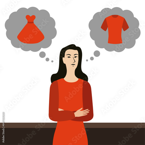 A girl in simple clothes chooses between a beautiful red uncomfortable dress and a comfortable ordinary sports T-shirt