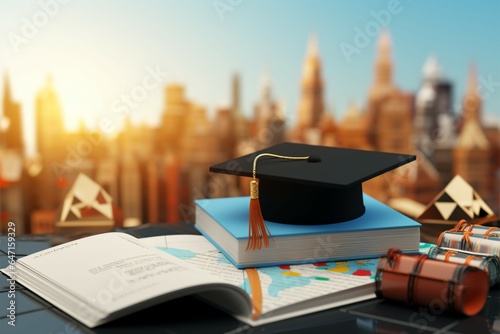 3D rendering Graduation cap, world map, and plane signify study abroad © abdulmoizjaangda
