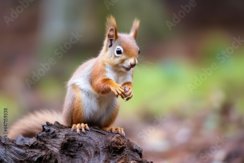 A cute little american red squirrel (Tamiasciurus hudsonicus) sitting on a tree stump, eating seeds
