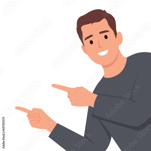 Handsome man showing and pointing fingers at wall and upper left corner with happy expression advices use this copy space. Flat vector illustration isolated on white background