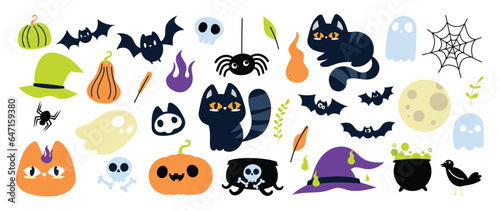 Happy Halloween day element background vector. Cute collection of spooky ghost, pumpkin, bat, candy, moon, skull, spider, cat, cauldron. Adorable halloween festival elements for decoration, prints.