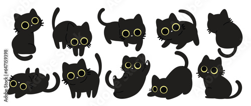 Happy Halloween day lovey pet vector. Cute collection of cats with different poses, sitting, stand, angry, surprising. Adorable animal characters in autumn festival for decoration, prints, cover.