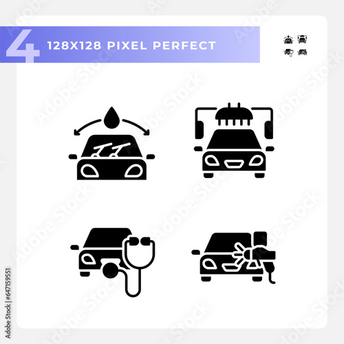 Pixel perfect glyph style icons set representing car repair and service, simple silhouette illustration.