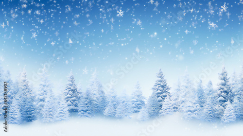 Winter Panoramic Background.  Snowy Fir Branches and Falling Snowflakes © EwaStudio