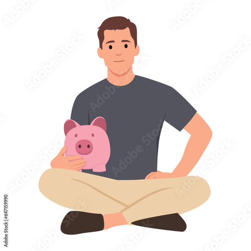 Man holds a piggy bank. Concept of saving finances. Flat vector illustration isolated on white background