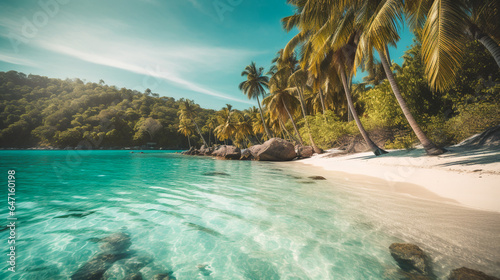 Beautiful beach with palms and turquoise sea. AI Generated