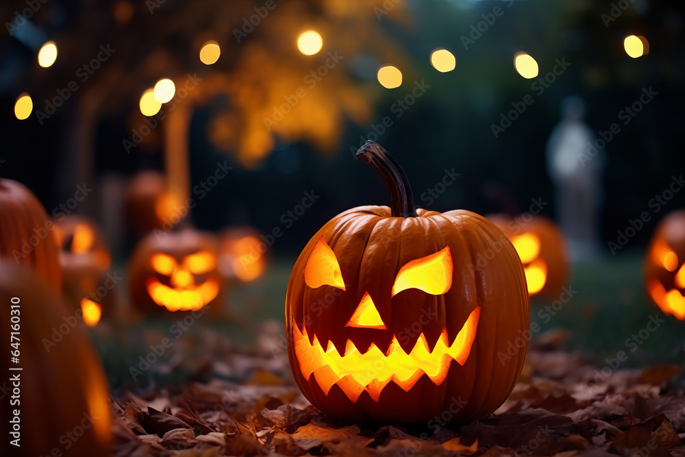Fototapeta premium Group of spooky Halloween Jack o Lanterns lit at night