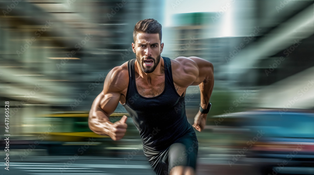 A dynamic runner. portrait of active young muscular running man. strong athletic man. AI Generated A dynamic runner. portrait of active young muscular running man. strong athletic man. AI Generated
