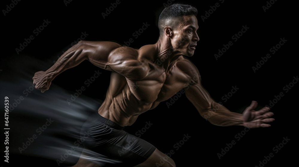 A dynamic runner. portrait of active young muscular running man. strong athletic man. AI Generated A dynamic runner. portrait of active young muscular running man. strong athletic man. AI Generated