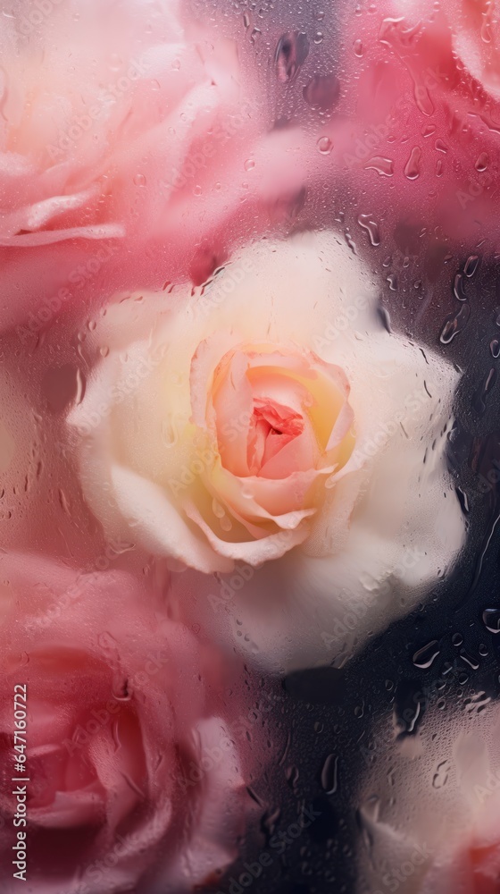 Fototapeta premium Background of blooming flowers in front of glass with water drops.