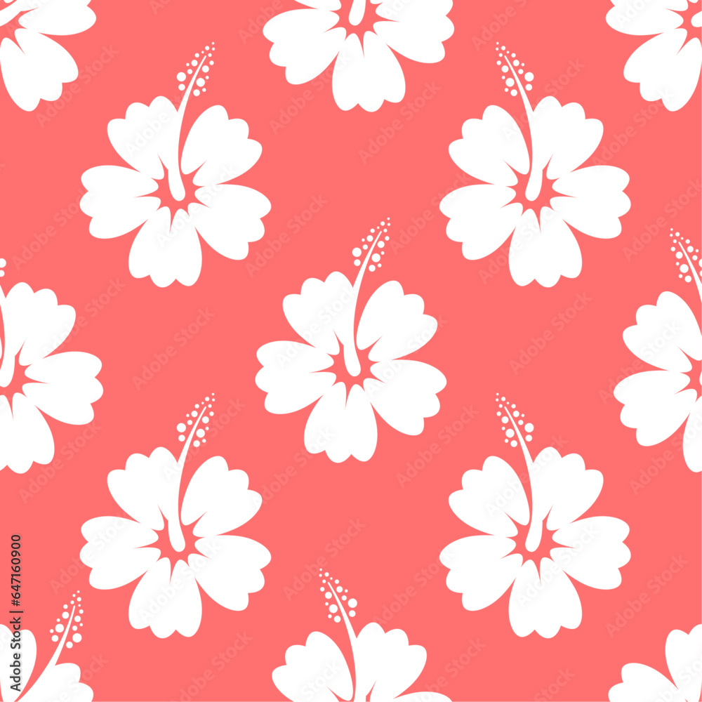 Hibiscus white flowers on red background. Floral seamless pattern. Best for textile, wallpapers, wrapping paper, package and home decoration.