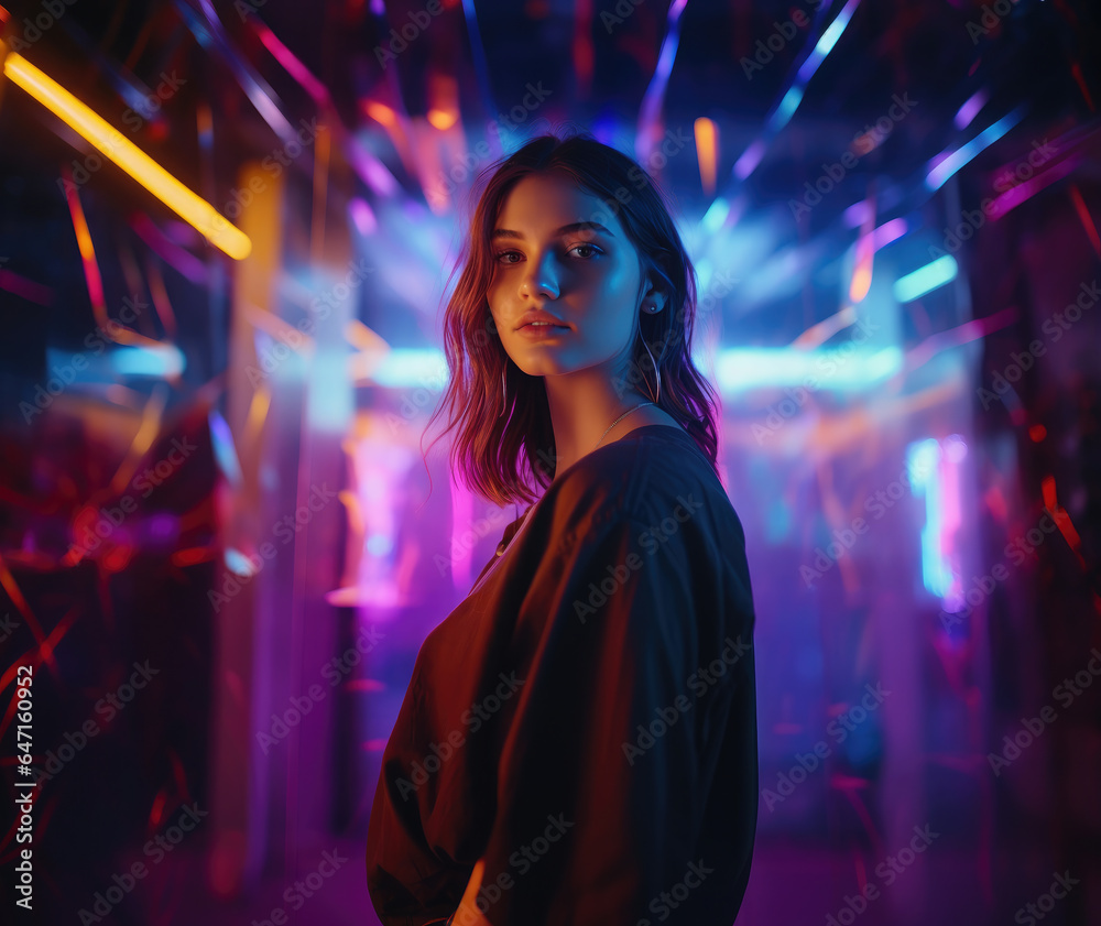 Generative AI, stylish fashionable teenager with a trendy hairstyle on a colored background, beautiful girl, youth, student, party, new generation, zoomer, space for text
