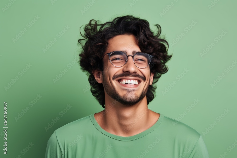 Naklejka premium Cheerful young man with curly hair and glasses on green background