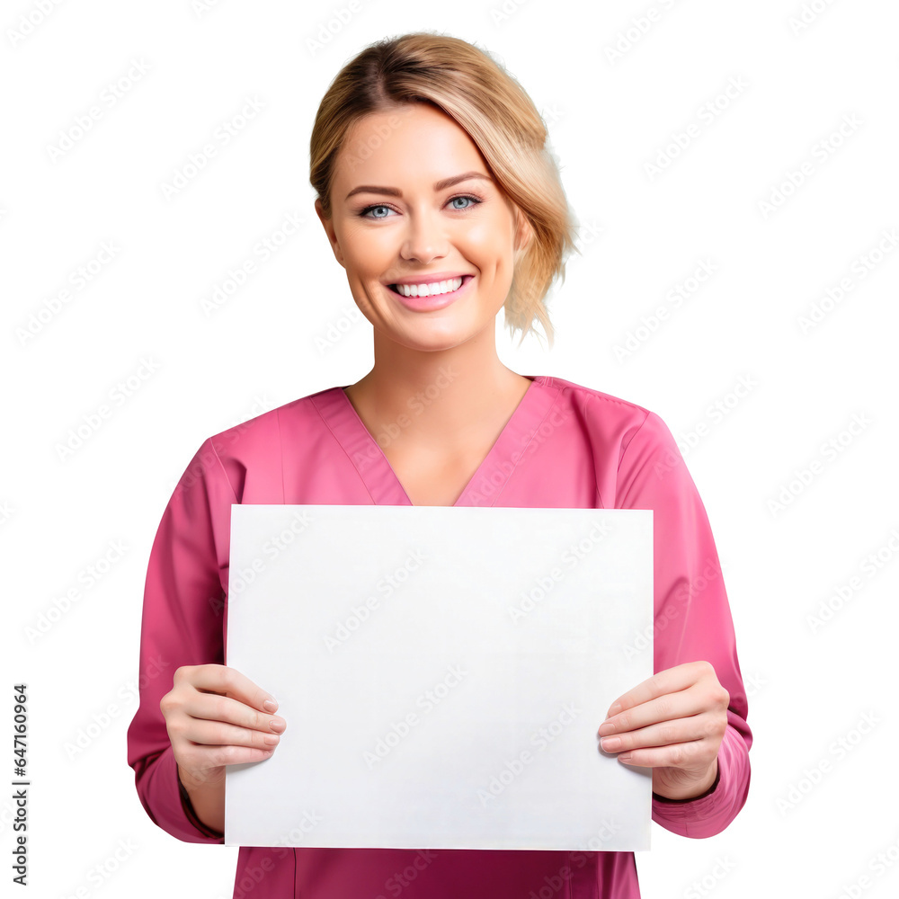 A professional nurse wearing a pink tunic, smiling while holding a sign A professional nurse wearing a pink tunic, smiling while holding a sign