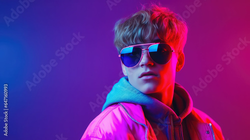Generative AI, stylish fashionable teenager with a trendy hairstyle on a colored background, handsome guy with glasses, youth, student, party, new generation, zoomer, space for text © Julia Zarubina