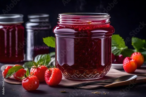 raspberry jam in glass jar