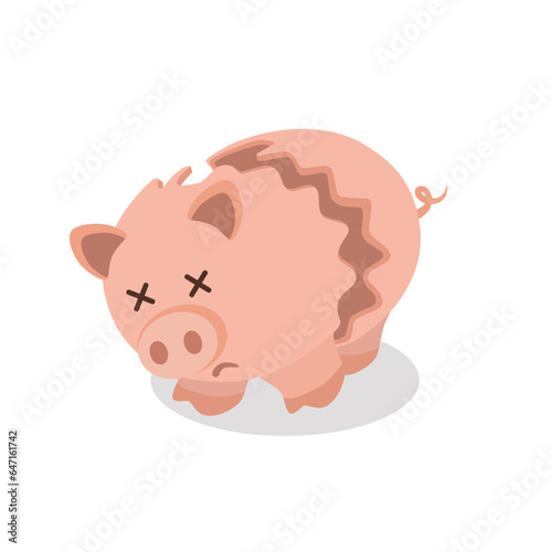 Piggy bank pink round minimalistic sad, dead broken in half by a large crack. On a white background