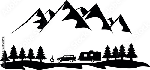 Camping Trailer Mountains Forest SVG Cut File for Cricut and Silhouette, EPS Vector, PNG , JPEG , Zip Folder