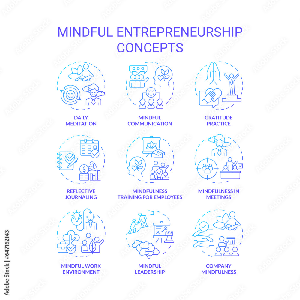 2D gradient thin line icons set representing mindful entrepreneurship, isolated vector, linear illustration.