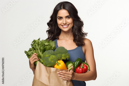 Indian woman holding full of vegetables bag on white background.