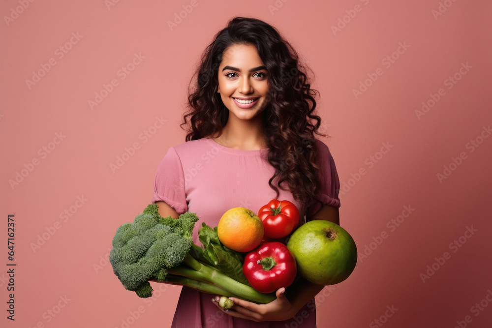 Indian woman holding full of vegetables bag in hand Indian woman holding full of vegetables bag in hand