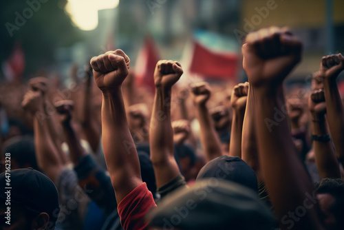 Labour movement, workers union strike concept with male fists raised in the air fighting for their rights photo