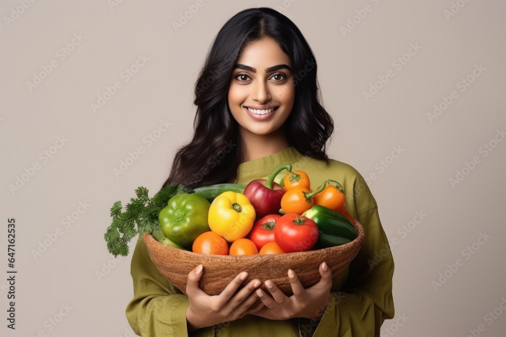 Indian woman holding full of vegetables bag in hand. Indian woman holding full of vegetables bag in hand.