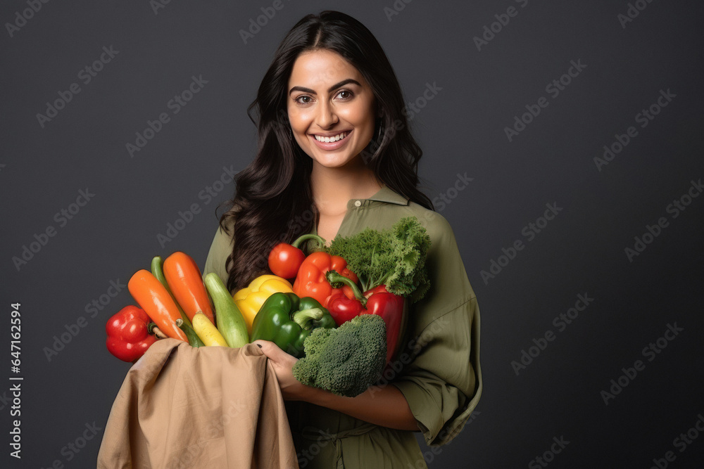 Indian woman holding full of vegetables bag in hand Indian woman holding full of vegetables bag in hand
