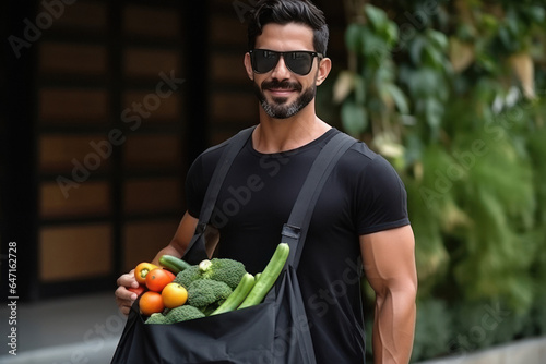 Indian man holding full of vegetables bag in hand. © Niks Ads