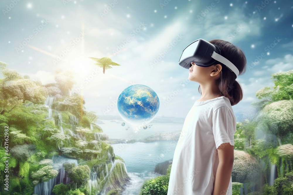 Fototapeta premium VRゴーグルをつけた日本人の子供のメタバースイメージ（メタバース・バーチャルリアリティ・教育）