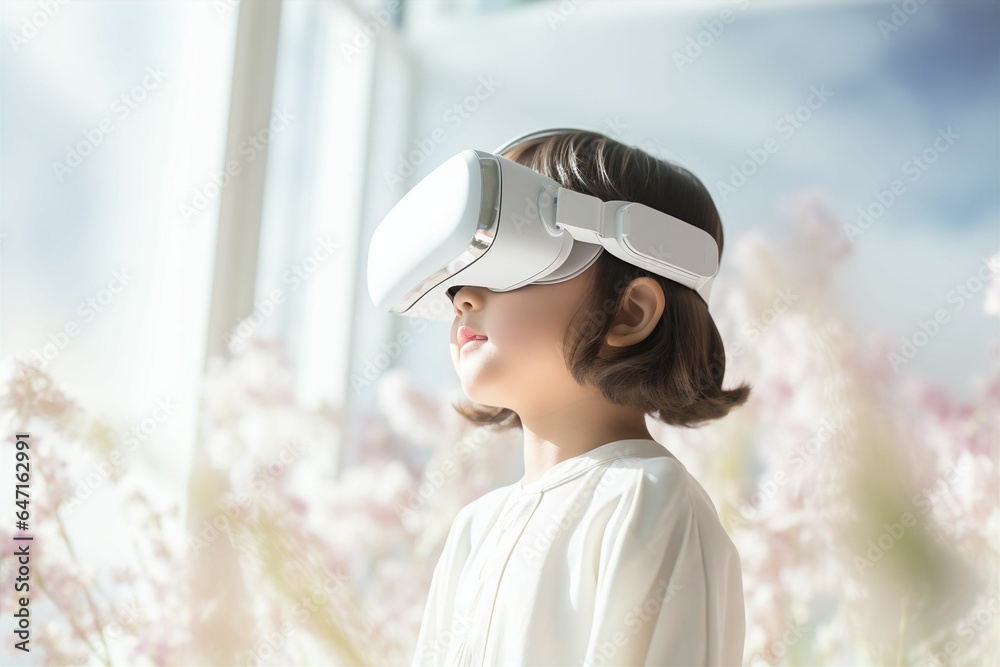 VRゴーグルをつけた日本人の子供のメタバースイメージ（メタバース・バーチャルリアリティ・教育）